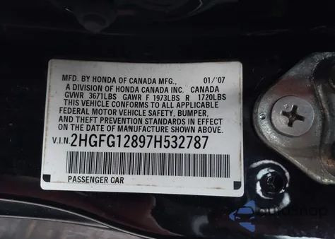 2007 Honda Civic Ex from USA, damaged, VIN 2HGFG12897H532787
